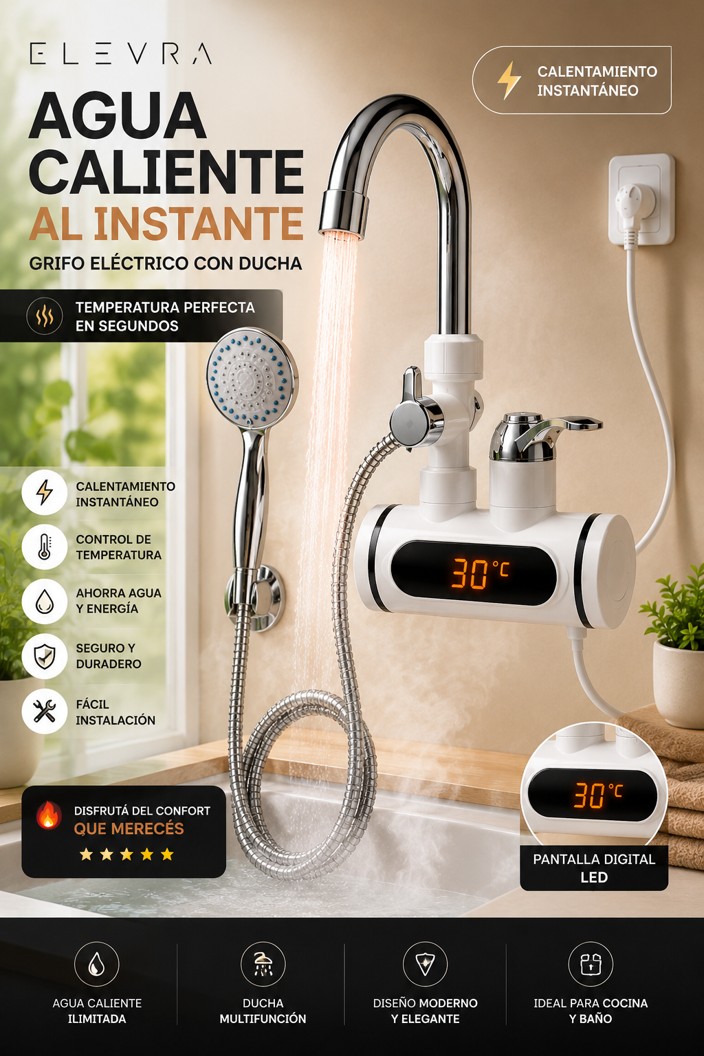 Grifo Calentador con Ducha y Temperatura Ajustable