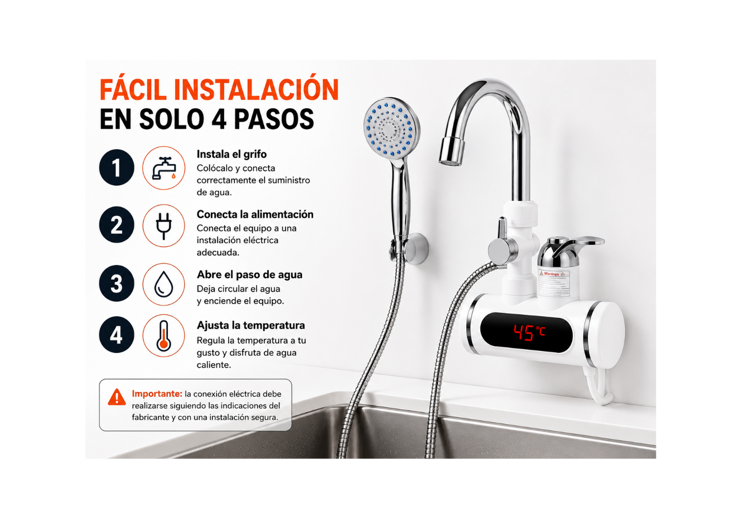 Grifo Calentador con Ducha y Temperatura Ajustable